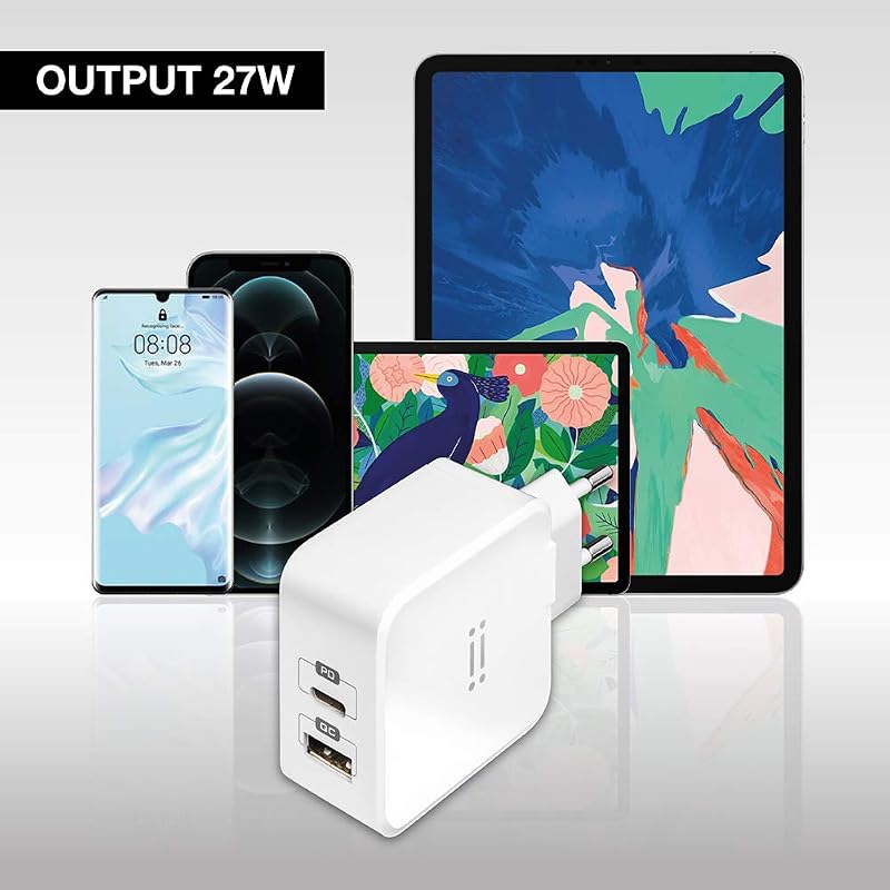 aiino - Alimentation USB-C pour iPhone 12/12 Pro, 27W, Chargeur Rapide, 2 Ports USB Quick Charge 3.0, USB Type C PD, Compatible avec iPhone 12/12 Mini/11 Pro/11 Pro Max/11/X/SE, iPad/iPad Pro - Blanc