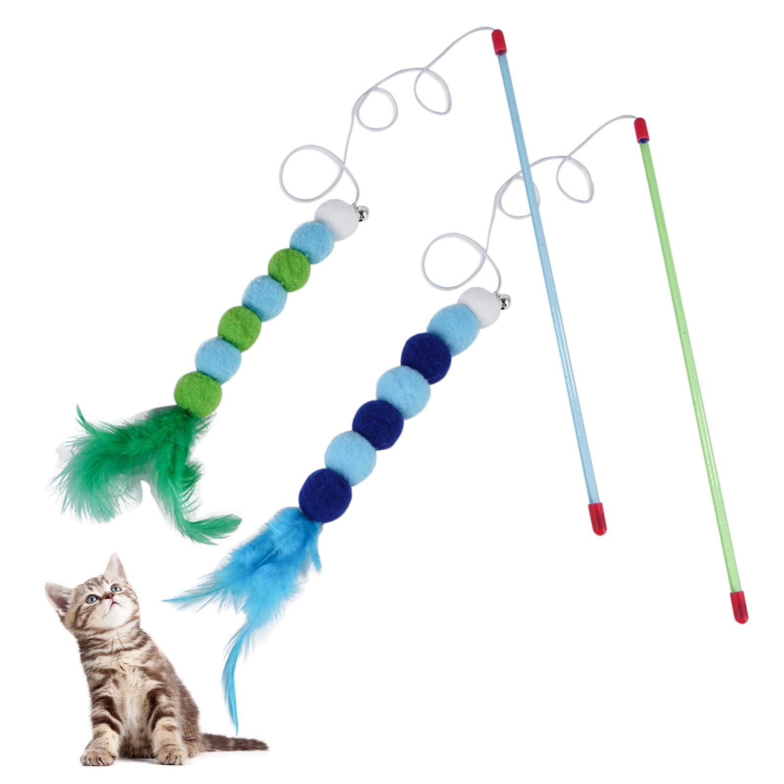 Andiker Cat Feather Toys, 2PCS Cat Wand Toys with Bell and Plush Balls, Colourful Interactive Kitten Teaser Toy for Indoor Cats Playing Exercising Training (Blue + Green)