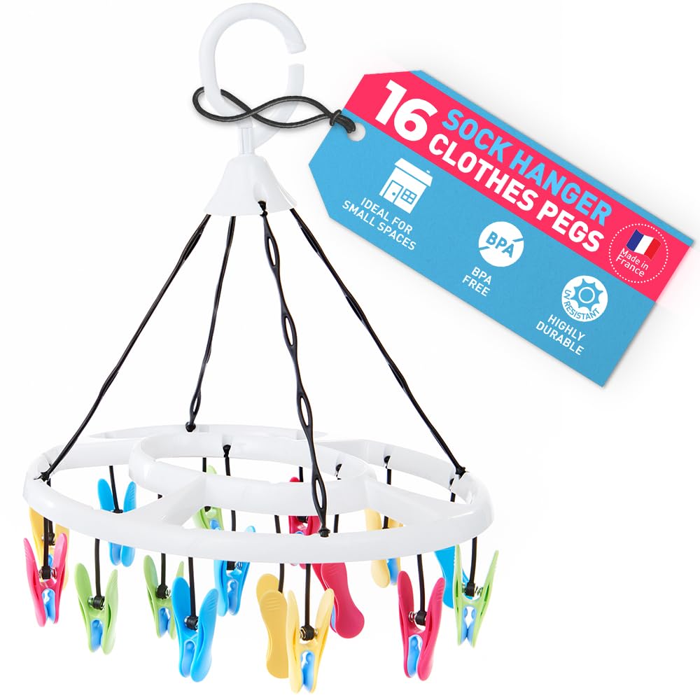 culiclean Sock Hangers for Drying – Washing Line Sock Hanger with 16 Pegs – Sock Dryer with Pegs for Laundry and Underwear – 1 Hanger – white-blue-yellow-green-pink