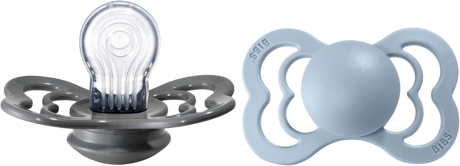 BIBS Supreme Dummies 2-Pack, BPA Free Dummy Pacifier, Silicone Symmetrical Nipple Soother, Size 2 (6-18 Months), Iron/Baby Blue