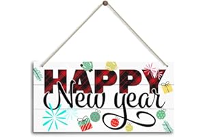 HILUS Christmas Door Sign Decor, Happy New Year, Winter Seasonal Christmas Wall Art Hanging Wooden Sign Merry Xmas Holiday Decorations for Home Outside Indoor