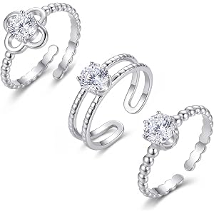 SAVORI Stainless Steel Round CZ Adjustable Ring Set for Women, 3 Styles (Clover Frame, Double-Band, Beaded Band), Hypoallerge