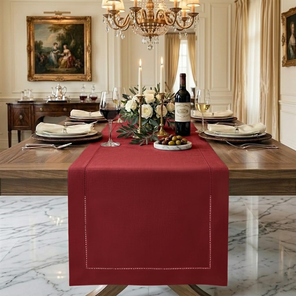 D'Moksha Homes Linen Red Table Runner 183 CM Long - 100% Pure Linen Hemstitch Table Runner 36 x 183 cm for Dresser, Dining, Spring - Classic Hemstitch — image 1