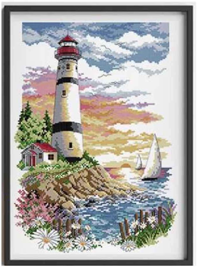 Pigeon Fleet 11 CT Lighthouse Counted Cross Stitch Kit for Adult DIY Craft Landscape Embroidery, 10x15 inch