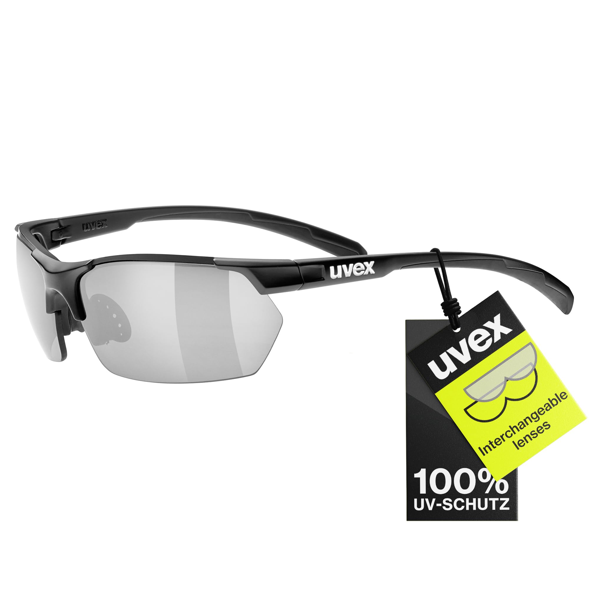 uvex Sportstyle 114 - Outdoor Glasses for Men and Women - Mirrored Lenses - incl. Interchangeable Lenses - Black Matt/Silver - One Size