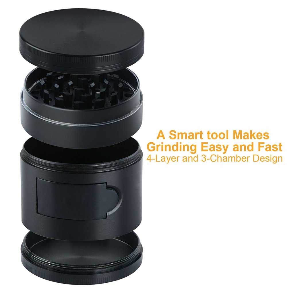 Herb / Spice Kitchen Grinder, Heavy Duty Zinc Alloy Material with Pollen Catcher and Scrapper, Easy Access Window