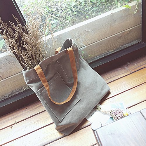 EasyHui Women and Girls Canvas Tote Bag Casual Pure Color Hobo Messenger Shoulder Bag Travel Bag Gray - Thumbnail 3