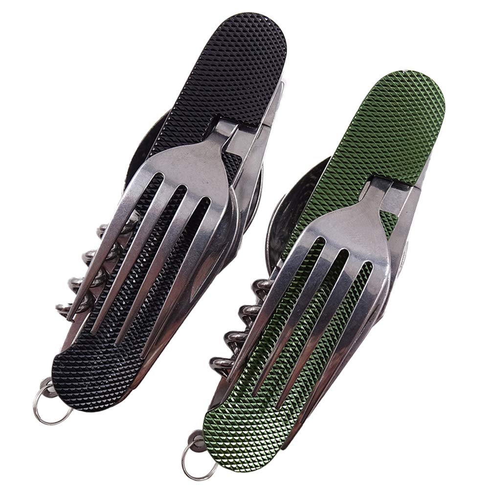 Folding Camping Cutlery Set Stainless Steel Portable Utensil 6 in 1 Multitool Outdoor Survival Travel Hiking Cutlery Kit Detachable Tableware 2pc
