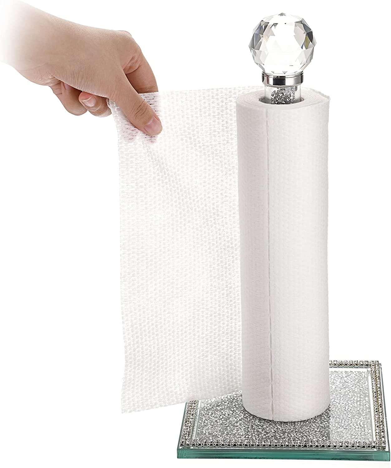 EagleWiz Crushed Diamond Silver Crystal Diamante Filled Kitchen Accessories Roll Holder Diamante Freestanding Chrome Paper Towel Holder for kitchen decor 35cm