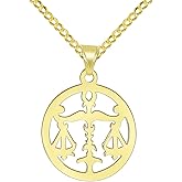 14k Yellow Gold Dainty Round Libra Zodiac Sign Scale Disc Pendant with Cuban Chain Necklace