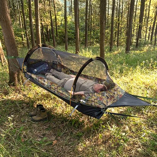 Night Cat Hammock Tent with Flat Base for 1 Person with Mosquito Net Waterproof Cover and Additional Storage Space Hiking Camping in the Garden Backyard Wild