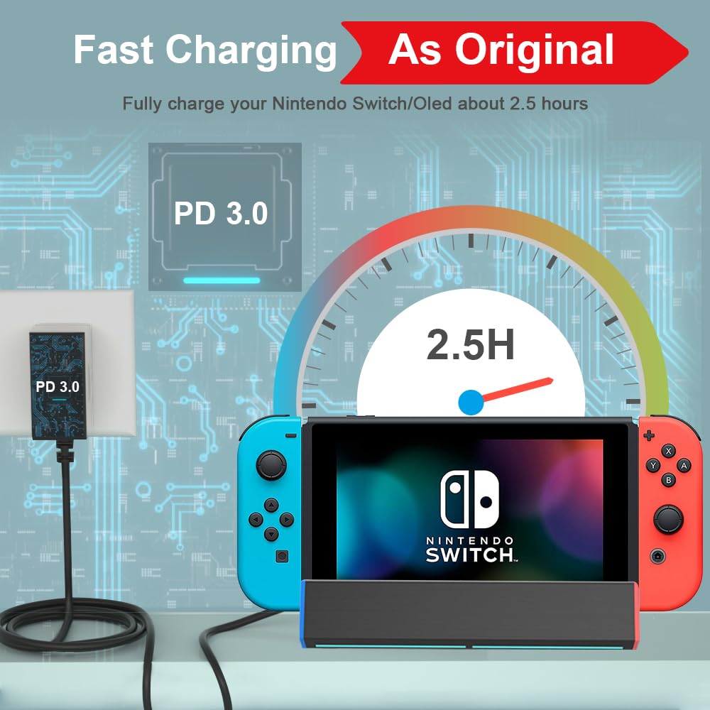 6.6FT Fast Charger for Nintendo Switch, USB C Type C Power Adapter Compatible with Nintendo Switch/Lite OLED/Dock, 15V/2.6A Supports TV Mode and Dock Station