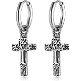 HZMAN Retro Silver Tree of Life Cross Earrings for Women Men Stainless Steel Dangle Drop Earrings