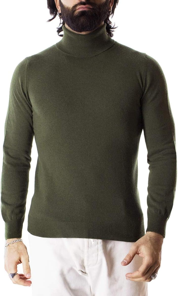 Jersey de hombre con cuello alto verde militar de cachemira, Slim Fit Jersey de hombre con cuello alto verde militar de cachemira, Slim Fit