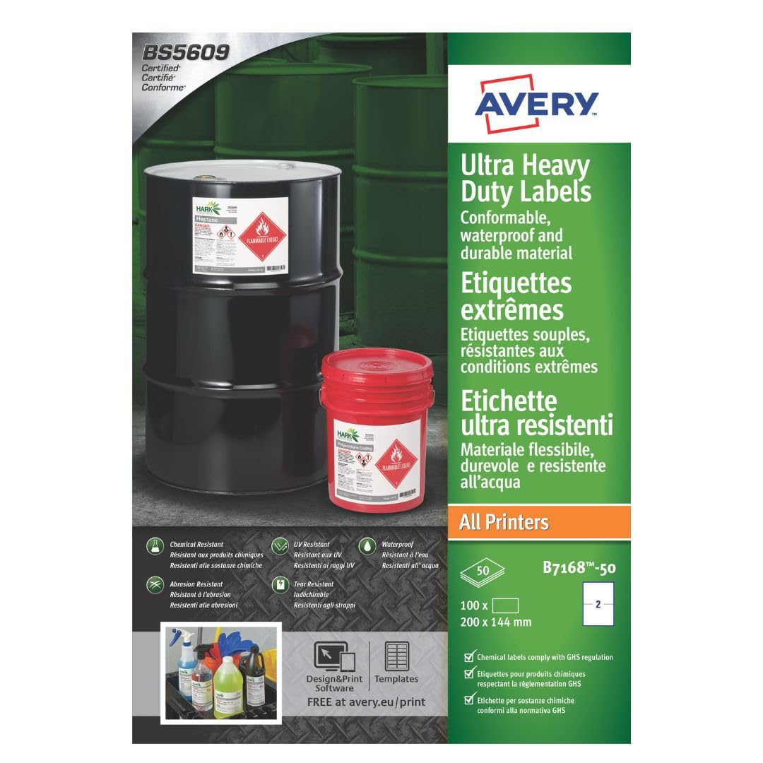 Avery B7168-50 Extra Strong Adhesive, Ultra Heavy Duty Industrial Waterproof GHS Labels, 2 Labels Per A4 Sheet, White, 144 x 200 mm