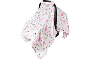 Muslin Baby Car Seat Canopy, Metplus Infant Carseat Cover - Extra Wide Universal Fit, Lightweight Breathable Soft for Babies Girls Shower Gift (Purple Flower)