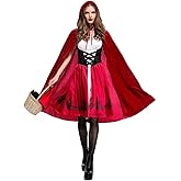 IMEKIS Women Little Red Riding Hood Costume Gothic Dress with Cape Cloak Halloween Cosplay Deluxe Storybook Fairy Tale Outfit