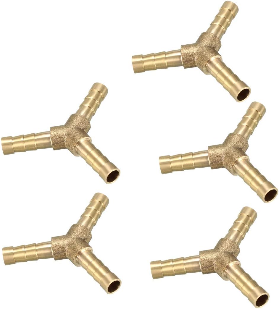 sourcing map 6mm Brass Barb Hose Fitting Tee Y-Shaped 3 Way Connector Adapter Joiner 5pcs, Gold