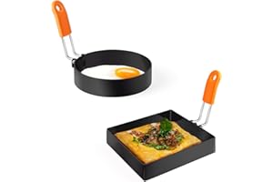 Yafeco Egg Rings,Stainless Steel Griddle Frying Egg with Silicone Handle,Nonstick Egg Cooking Rings,Omelet Ring,Pancake Ring Round Cooking Rings Molds For Breakfast (2Pcs Round+Square)