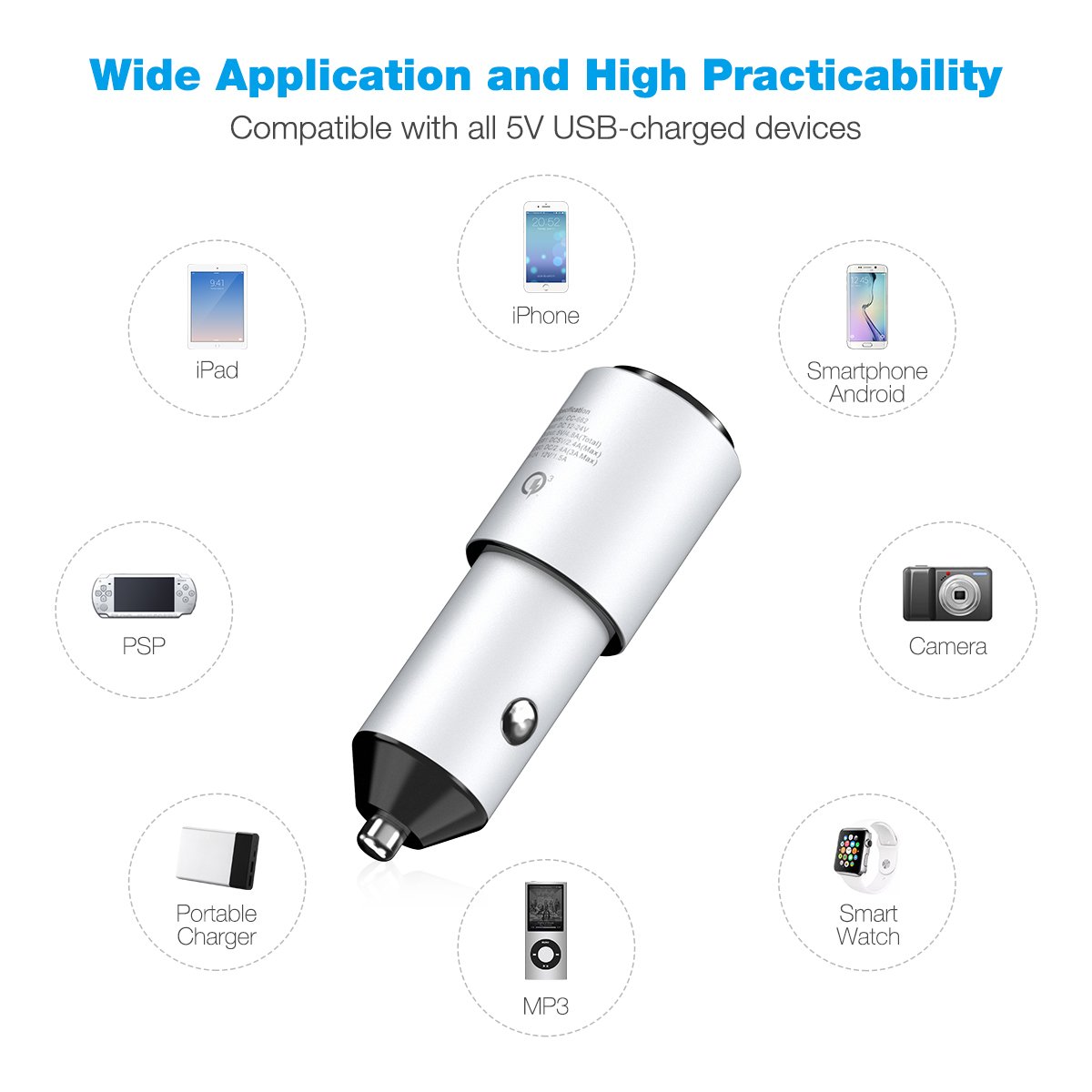 [Qualcomm Quick Charge 3.0] Poweradd Car Charger, 24W/5A 2-Port Smart USB Charger for iPhone X/8/8 Plus, iPad Mini 4, Samsung Galaxy Note and More - Silver