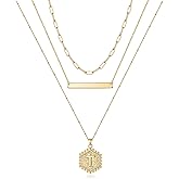 Turandoss Gold Layered Initial Necklaces for Women, 14K Gold Plated Bar Necklace Handmade Layering Hexagon Letter Pendant Beads Chain Necklace Layered Necklaces for Women Gold Jewelry Gifts