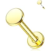 Melighting 14K Gold Threadless Earrings 16G Gold Flat Back Earrings Tiny Flat Disc Threadless Push in Labret Stud Gold Tragus Piercing Jewelry for Women Conch Helix Stud