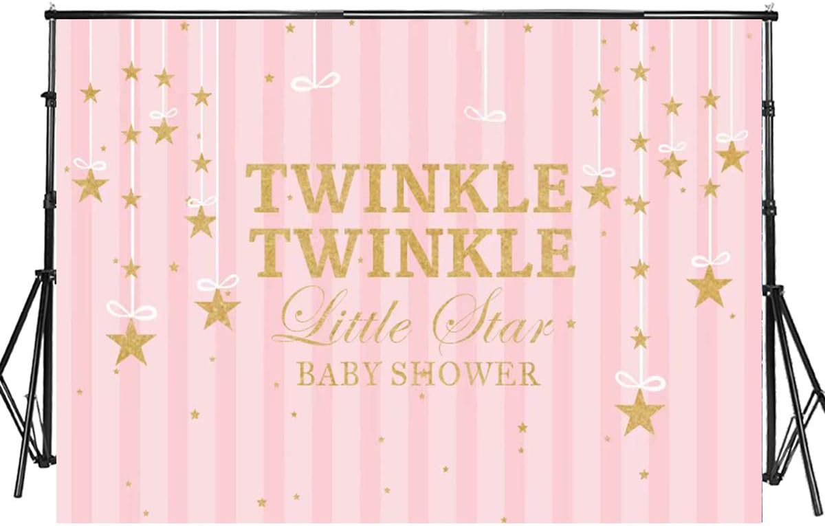 Sensfun 7x5ft Twinkle Twinkle Little Star Backdrop Pink Striped Gold Sequin Stars Baby Shower Photography Background for Girls Newborn Party Photo Booth Banner Birthday Cake Table Decorations(SXY506)