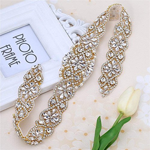 FANGZHIDI Bridal Rhinestone Appliques, 23.4 Inches Gold Beaded Patches with Sparkle Clear Crystal Stone and Pearls- Best for DIY on Wedding Dress, Sew on or Iron on Bridal Belt Sash, Wedding Cake