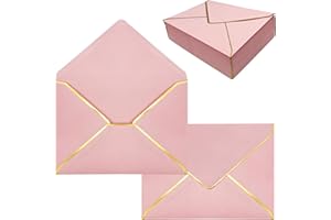 SYLROAL 5x7 Envelopes for Invitations with Gold Border, 50 Pack A7 Envelopes with V-Flap, Self Seal Greeting Card Envelope Invitation Envelopes for Wedding, Graduation, Baby Shower, Party (Pink)