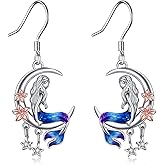 Mermaid Earrings Jewelry Gifts Sterling Silver Sea Mermaid Crescent Moon and Star Dangle Earrings with Flower Birthday Gifts for Daughter Women (Ocean earrings-mermaid)