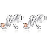 CELESTIA 925 Sterling Silver Initial Earrings 26 Letter with Rose Gold Heart Earrings Studs