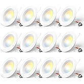 Amico 5/6 inch 5CCT LED Recessed Lighting 12 Pack, Dimmable, Damp Rated, 12.5W=100W, Can Lights with Baffle Trim, Retrofit Installation, ETL&FCC, White