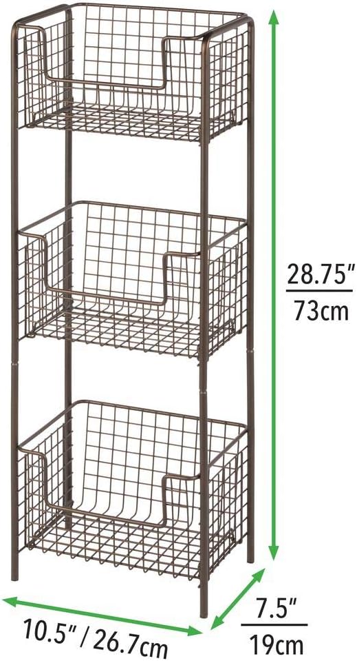 mDesign 3 Tier Vertical Standing Bathroom Shelving Unit, Decorative Metal Storage Organizer Tower Rack with 3 Basket Bins to Hold and Organize Bath Towels, Hand Soap, Toiletries - Bronze: Kitchen & Dining