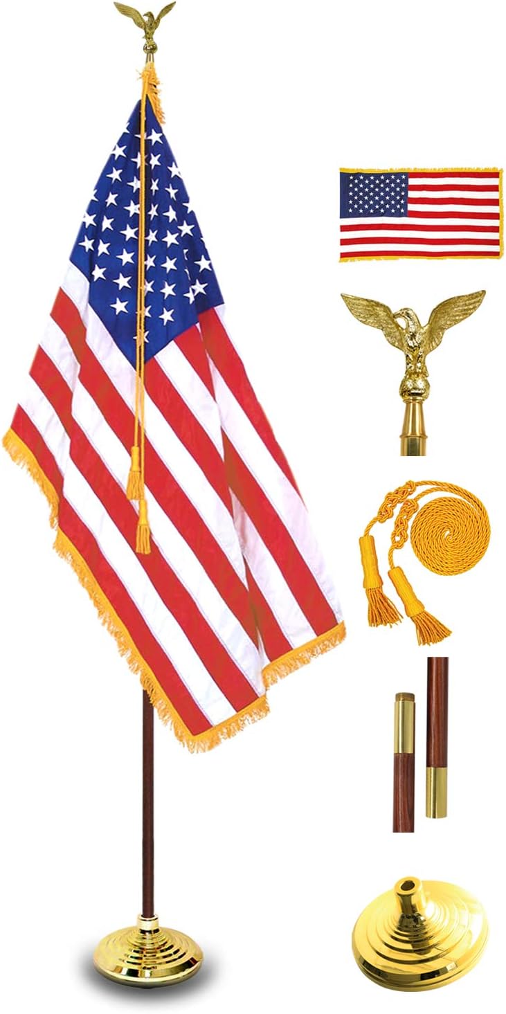 Flagpole Hardware - ANLEY 8 Ft Presidential Deluxe Indoor USA Flag Pole Set - 8' Oak Pole, Gold Fringed US Flag, Stand, Cord Tassel and Eagle Top Ornament for Offices, Schools, Churches & Auditoriums 8 Foot High