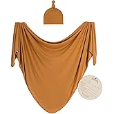 Kloovete Large Jersey Knitted Swaddle Blanket for Baby, Soft Stretchy Receiving Blanket for Newborns with Hat, Baby Nursery Swaddle 47 x 47 inches(Copper)