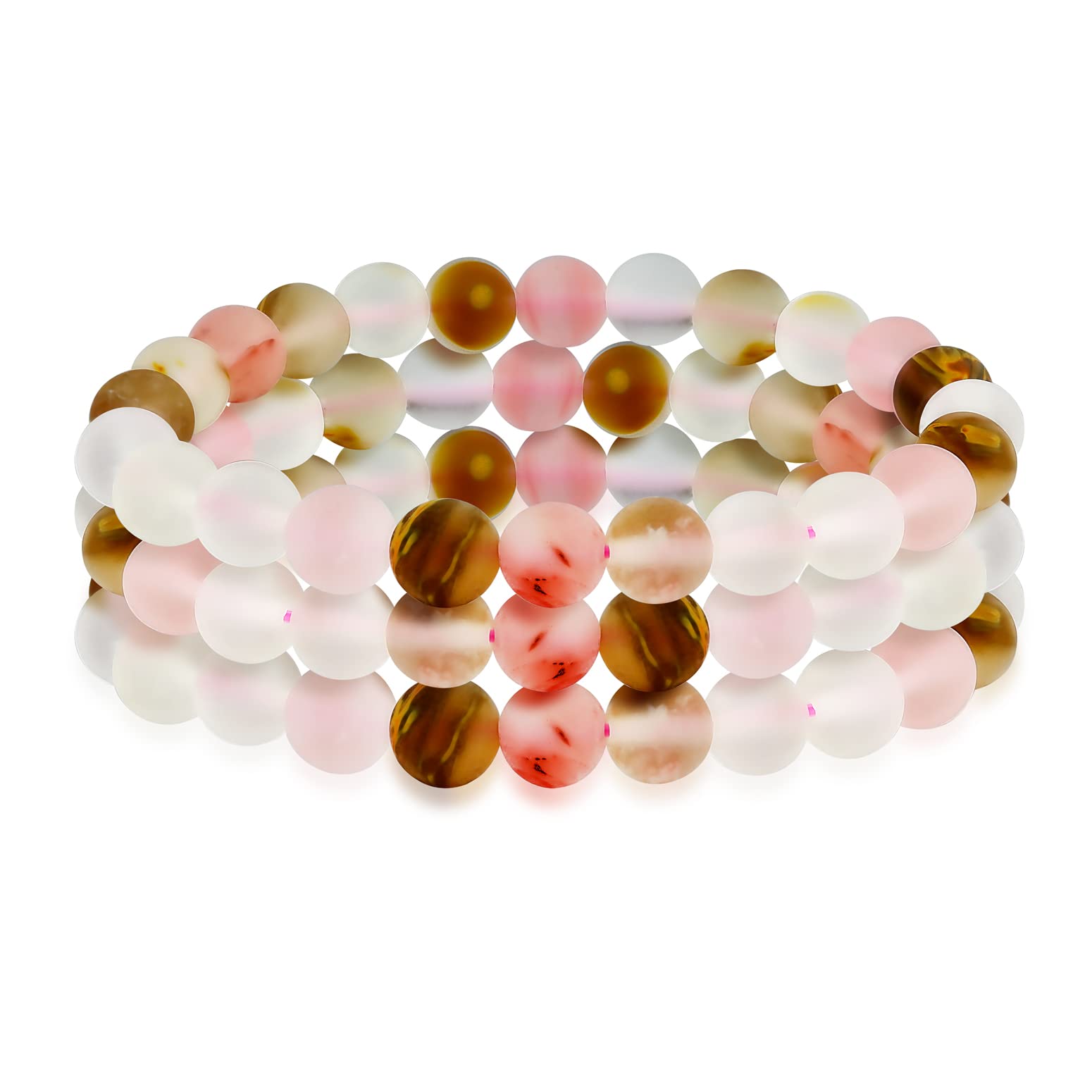 Bling Jewelry Set Of 3 Semi Precious Gemstone Matte Pink Rose Quartz Round Bead Ball 8MM Stacking Stretch Bracelet For Women Men Teen Unisex