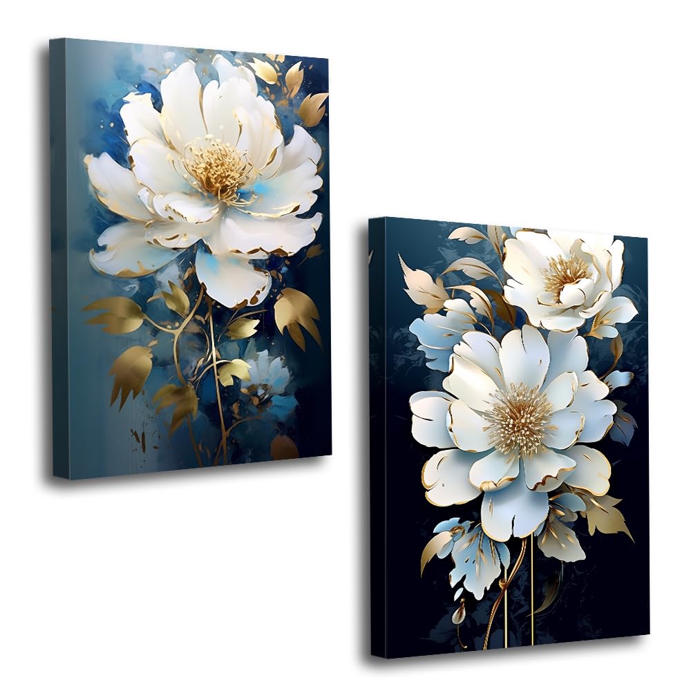 Photo 1 of **MINOR DAMAGES*** Flower Canvas Wall Art 2 Piece Navy Blue Gold and White Flower Picture Prints Floral Bloom Paintings for Bedroom Living Room Office Decor Framed(Flower,16.00" x 24.00" x 2PCS)
