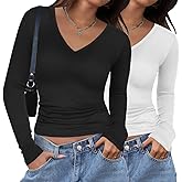 Zeagoo Women 2 Pack Long Sleeve Shirts V Neck T Shirts Casual Thermal Tops Slim Fit Basic Tight Tees Going Out Top