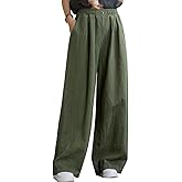 Aeneontrue Women's Linen Wide Leg Long Pants Casual Elastic Waist Summer Palazzo Trousers with Pockets
