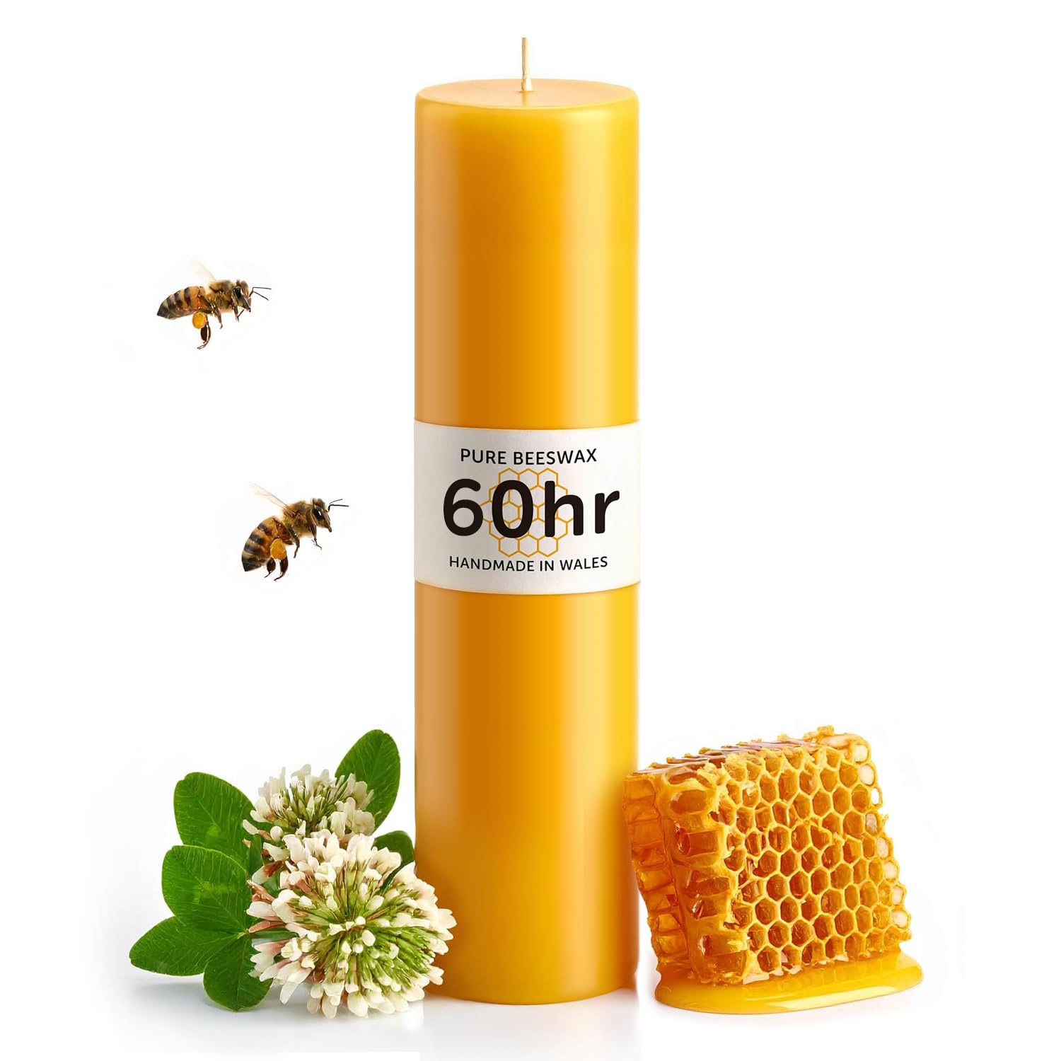 60hr Pure Beeswax Pillar Candle - Handmade in Wales - Natural Beeswax Candles for Home Decor - Perfect for Relaxation and Ambiance
