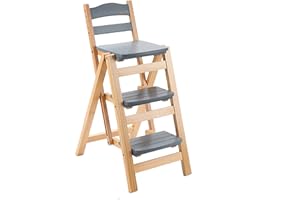 QQXX Folding Bar Stool Multifunctional 3 Step Ladder,Solid Wood Ladder Stool Counter Height Tall Stool,Portable Foldable Stool Step Stool for Adults Kitchen Outdoor(21.5” X 15.7” X 34.6”, Gray)