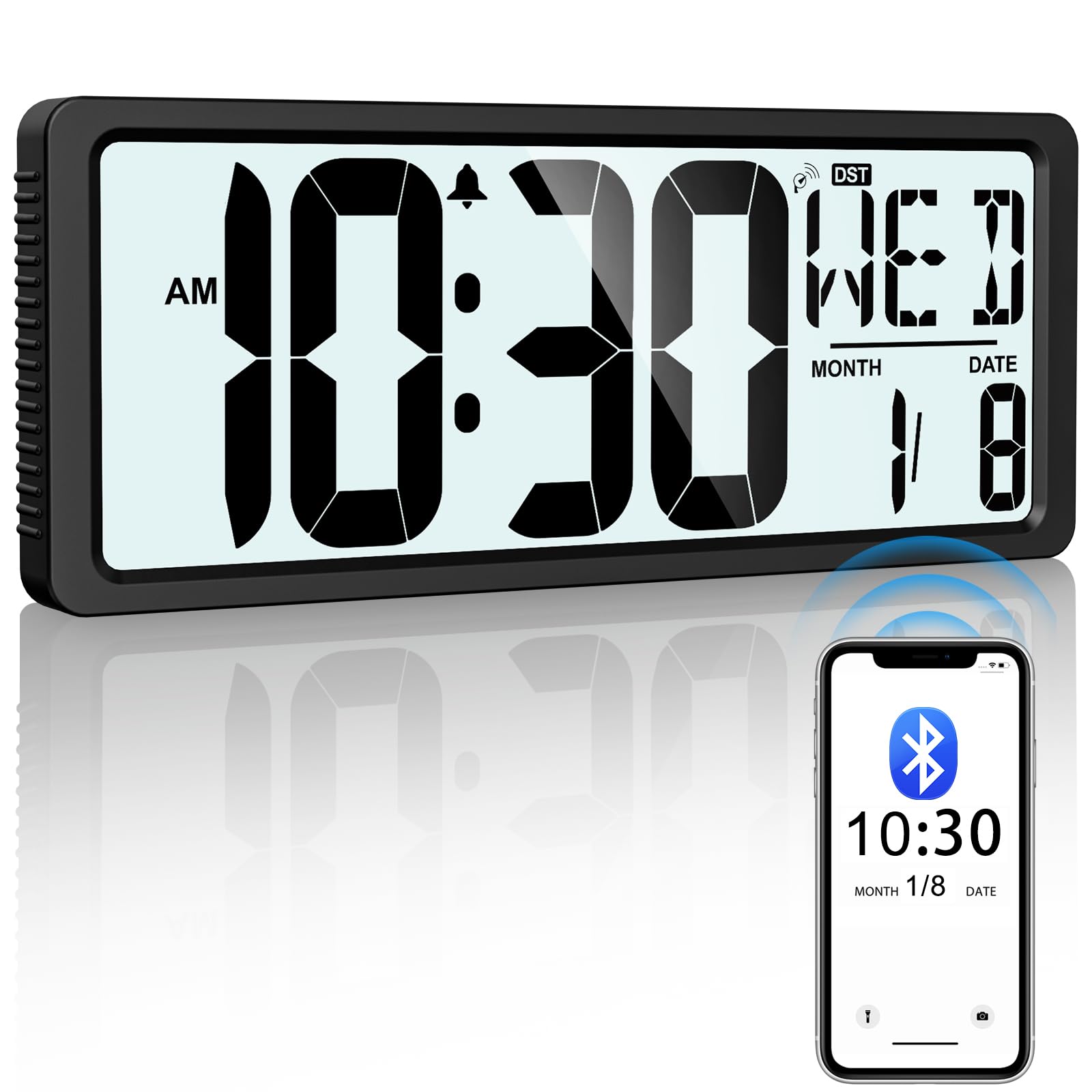 Photo 1 of Xflyee Backlight Digital Wall Clock Battery Operated with Bluetooth Time Sync/No Setup Required, 15'' Large Digital Wall Clock with Day, Date & Temperature, Large Digital Clock for Bedroom, Office