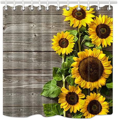 NYMB Sunflower Shower Curtain 3D Printing, Spring Field Rustic Flowers on Country Wooden Board,Fabric Bathroom Decorations, Bath Curtains 12PCS Hooks Included, 69X70 Inches(Yellow Green)