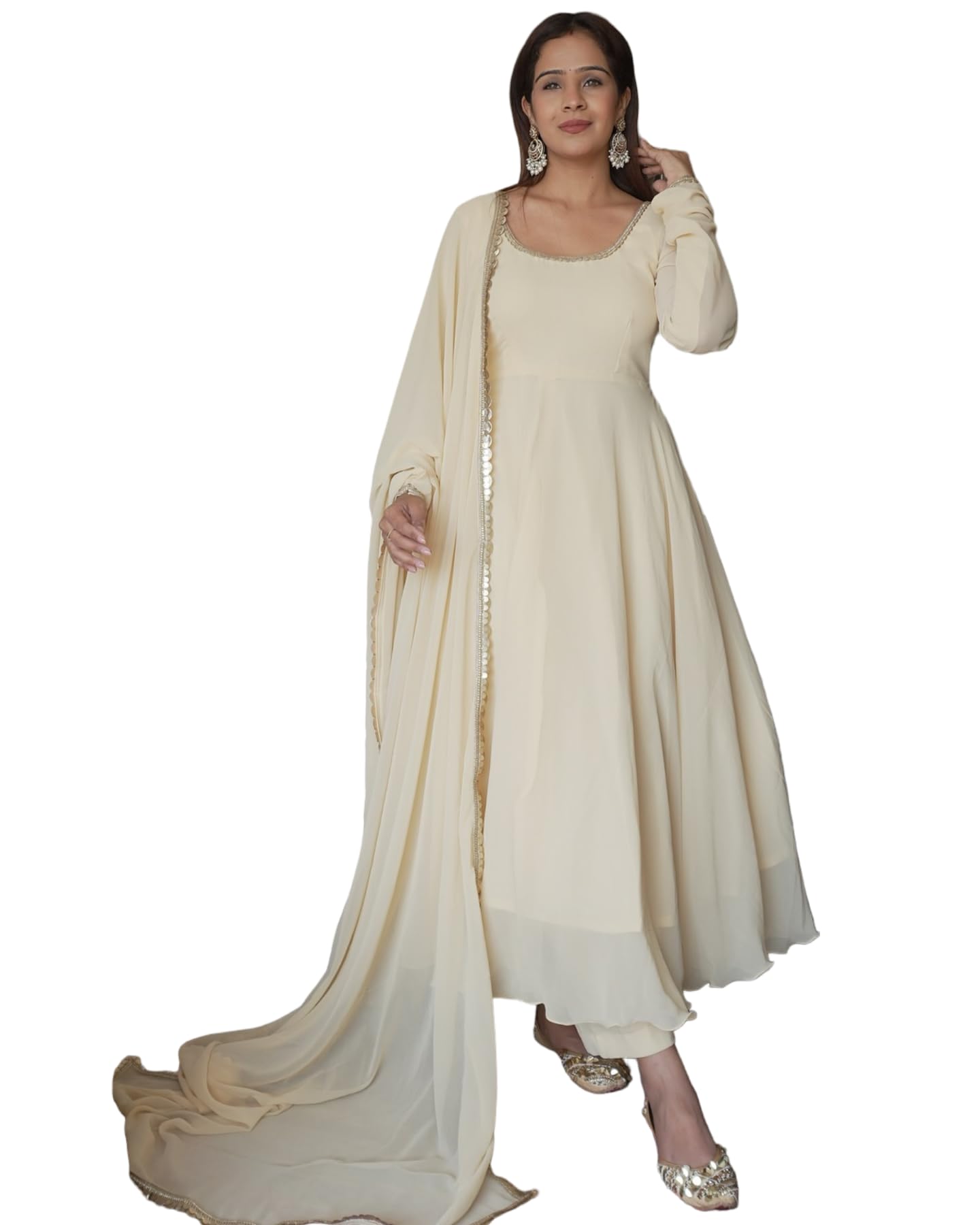Photo 1 of ONPEAK Embroidered Georgette 3-Piece Kurti Set with Viscose Pant and Dupatta for Festive Wear (US, Alpha, Small, Regular, Regular, Off White)