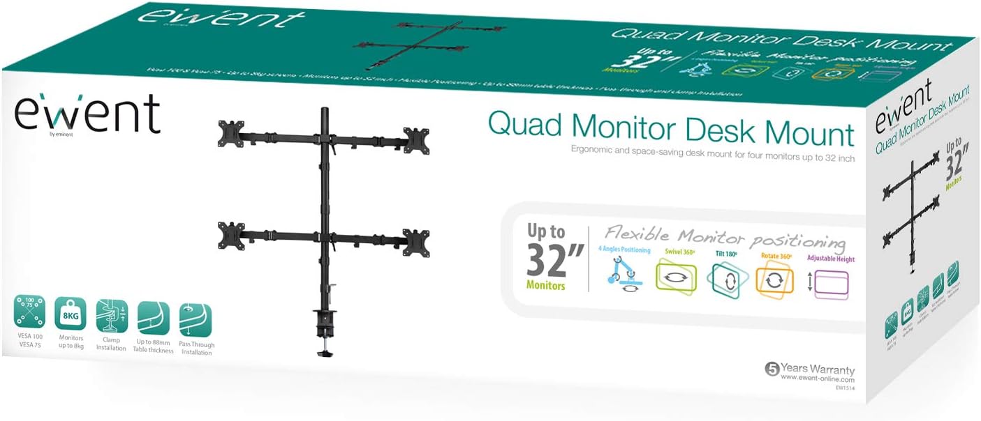 Ewent EW1514 4 Monitor Stand,4 Monitor Arm,Ergonomic 4 Monitor Stands for Desks,13-27 inch TV/Monitor Support Bracket,Adjustable Height,Tilt and Swivel,with Clamp,VESA 75X75 and 100X100 - Image 3
