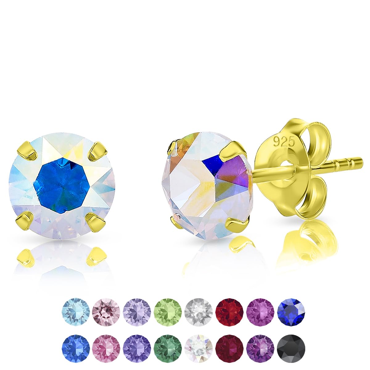 DTPSilver - 925 Sterling Silver Yellow Gold Plated Round Stud Earrings made with Glittering Crystals from Swarovski® Elements - Diameter: 6 mm - Colour : Aurora Borealis