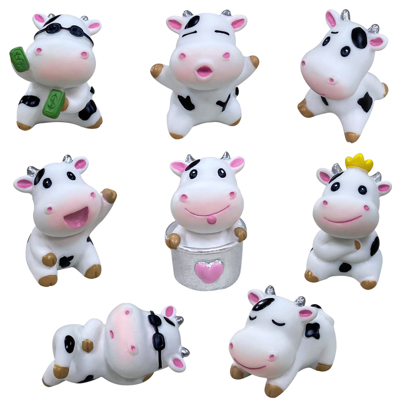 LTHERMELK 8 Pcs Mini Cow Figures Animals Figurines, Cute Cow Cake Toppers, Resin Ornaments for Fairy Garden Miniature Landscape Decoration DIY Crafts Children Birthday Gift Baby Shower