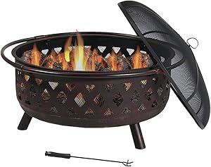 Sunnydaze Crossweave Outdoor Fire Pit - 36 Inch Large Bonfire Wood Burning Patio & Backyard Firepit for Outside with Spark Screen, Fireplace Poker, and Round Cover, Bronze