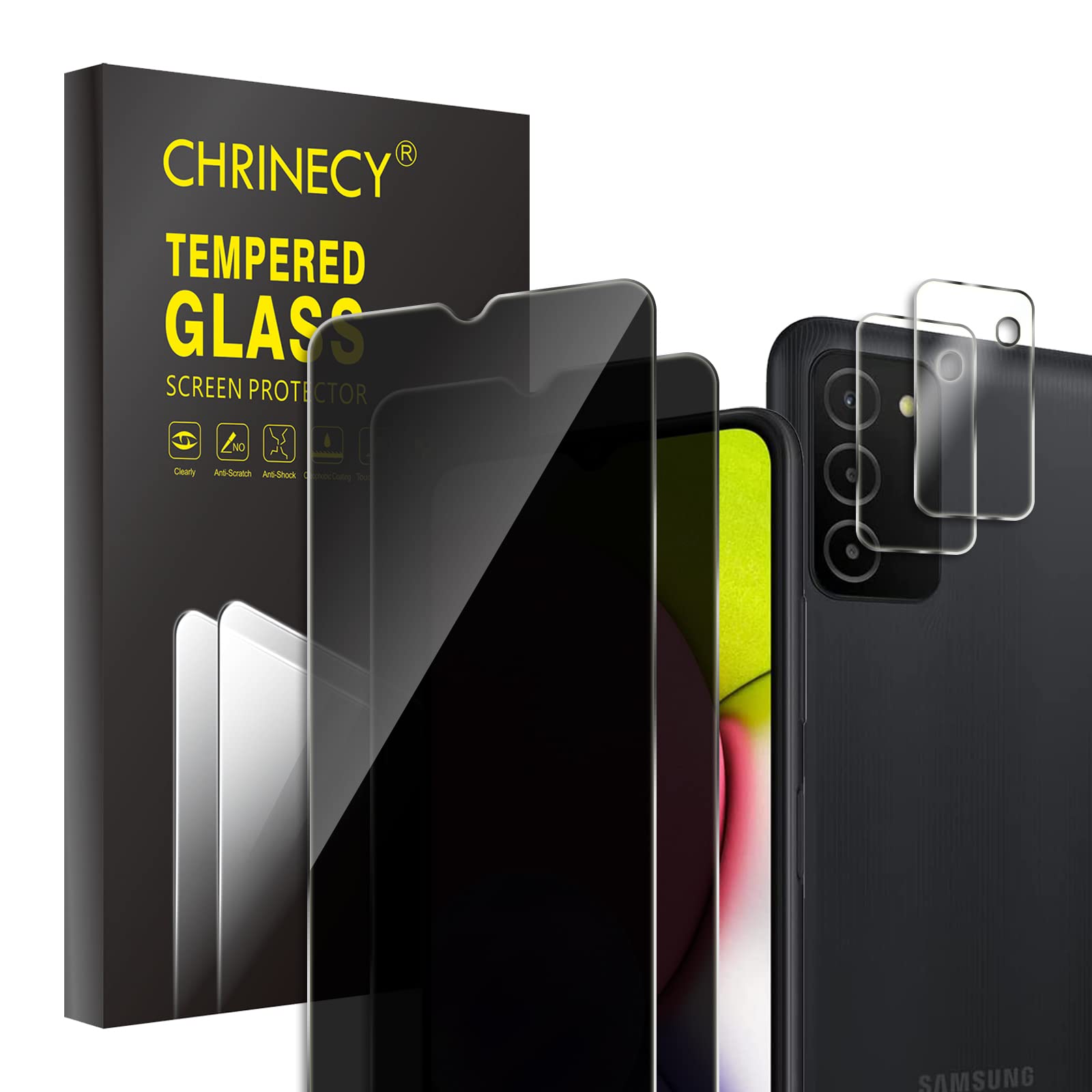 CHRINECY [4 Pack] 2 Pack Privacy Screen Protector Compatible for Samsung Galaxy A03s with 2Pack Camera Lens Protector, 9H Hardness, Anti Spy Anti Peeping