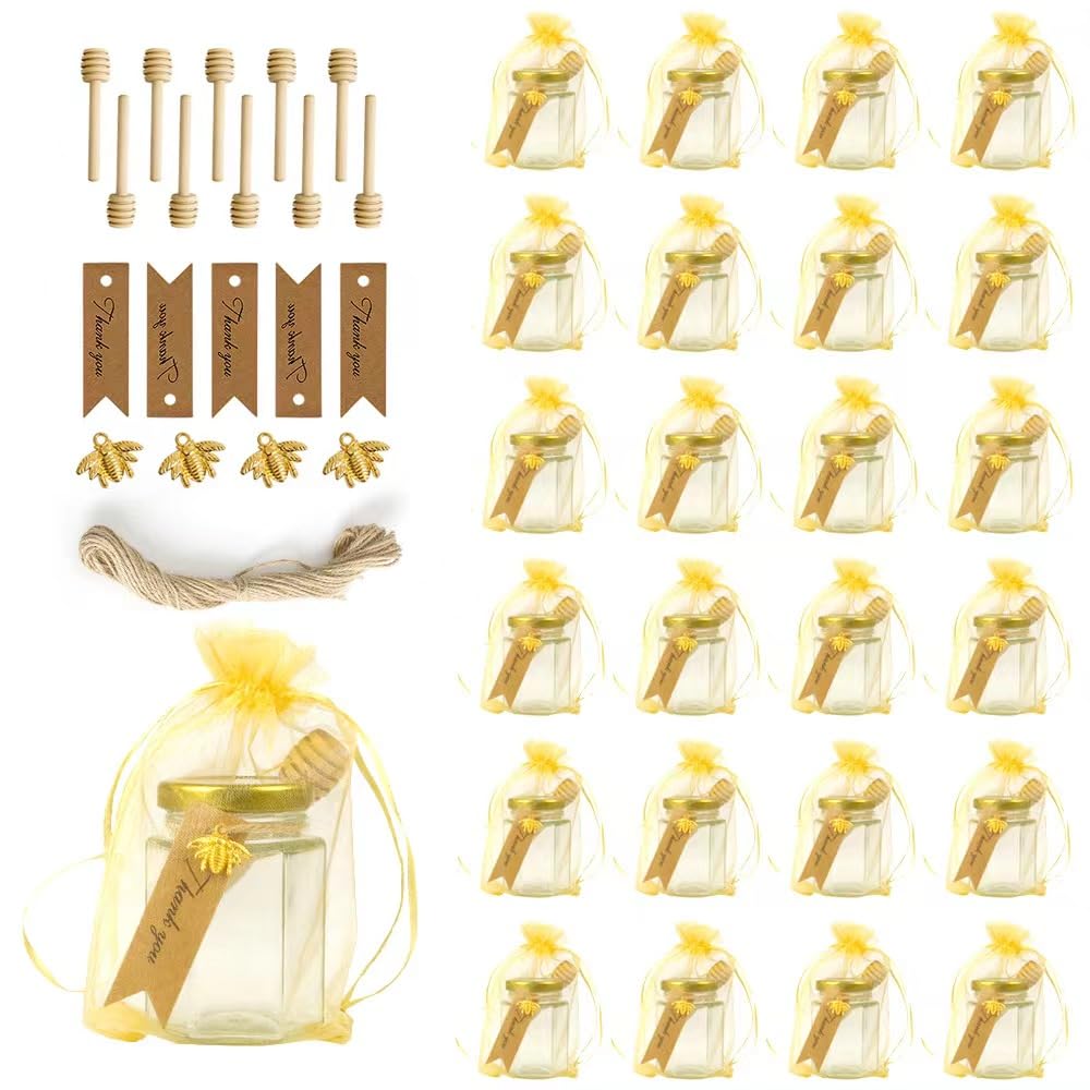 Photo 1 of Rormket 24 Pack 4oz Glass Hexagon Honey Jars Golden Lids -Wooden Honey Dipper, Bee Charms, Tag String, Gold Gift Bags, Thank You Gift Tags, Wedding Favors Baby Shower Party (Gold 24 bags)